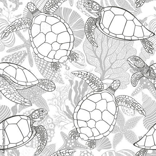  Art seamless pattern on the marine theme with turtles and sea creatures on white background. Hand drawn vector illustration. Perfect for design templates, wallpaper, wrapping, fabric, print.  © maritime_m