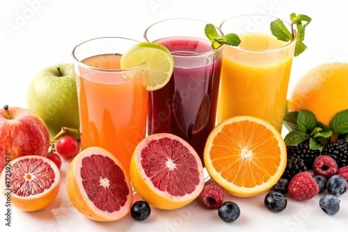 glasses of fresh juice with fruits on white background