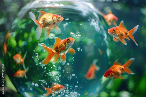 Goldfish in a round aquarium with water and one of them goes outside the aquarium for freedom photo