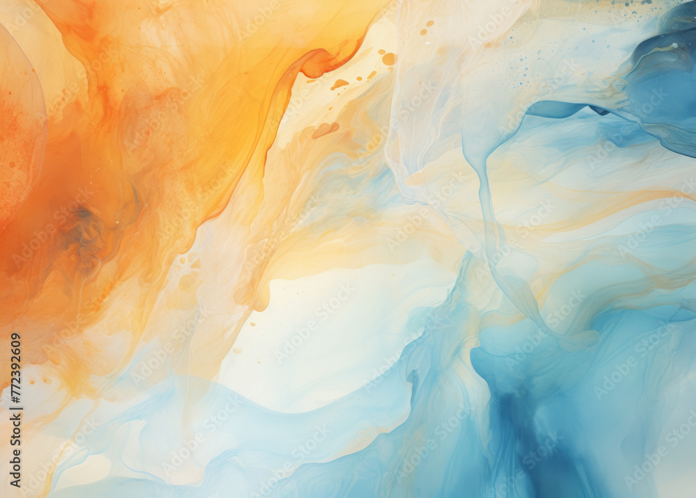 Blue, gold, orange, white liquid watercolor paint marble background abstract texture backdrop design. Rainbow painted swirl waves painting texture colorful background banner. Alcohol ink colors.