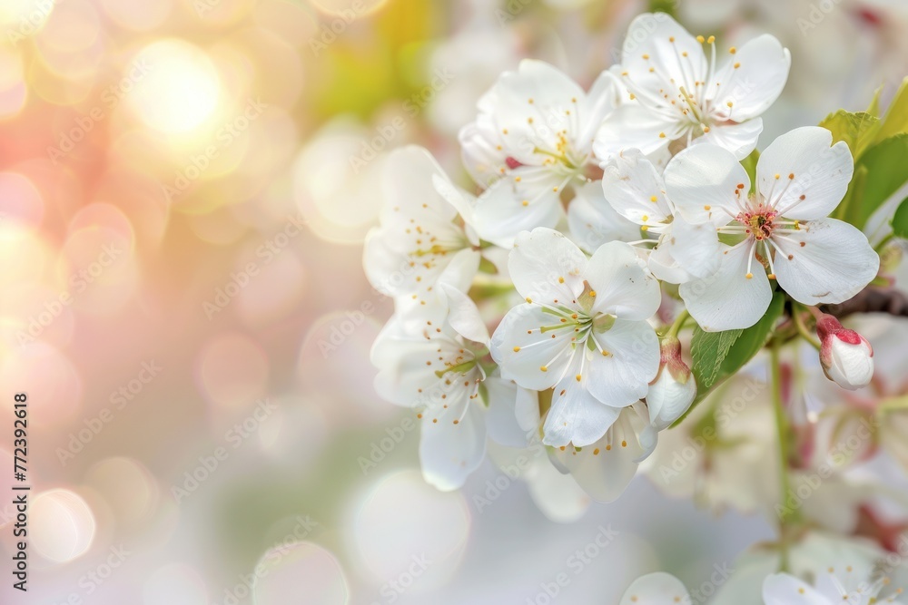 White Cherry Blossom Flowers With Copy Space and Sunny Bokeh Background