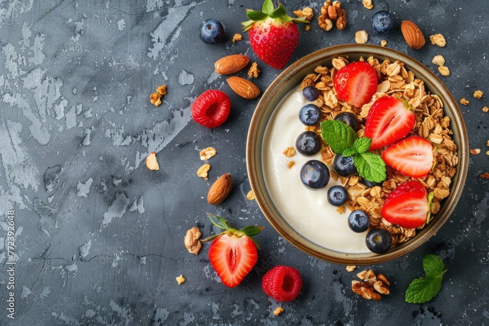 Granola with yogurt and fruits strawberries, blueberries and almonds on a beautiful background with space for text Granola with yogurt and fruits strawberries, blueberries and almonds on a beautiful background with space for text