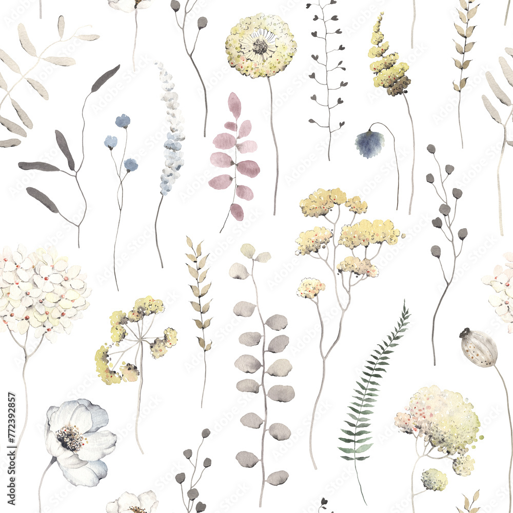 Floral seamless pattern with delicate abstract flowers and plants yellow, grey and blue colors. Watercolor isolated illustration for textile, wallpapers or floral background, creative design elements. - obrazy, fototapety, plakaty 