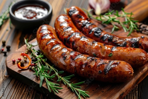 Grilled sausages with herbs and spices on a wooden background photo