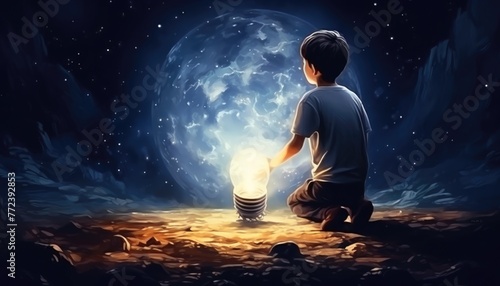 boy pulled the big bulb half buried in the ground against night sky with stars and space dust, digital art style, illustraation painting photo