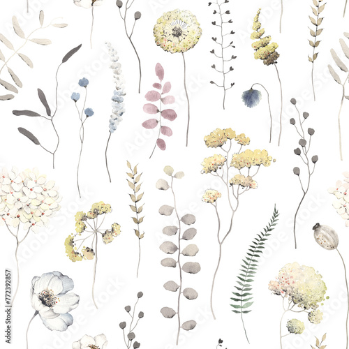 Floral seamless pattern with delicate abstract flowers and plants yellow, grey and blue colors. Watercolor isolated illustration for textile, wallpapers or floral background, creative design elements. © Nikole