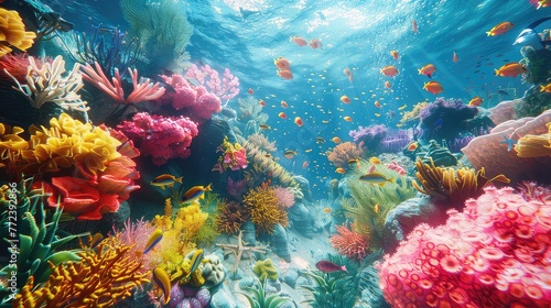 Creating a vivid underwater spectacle of life, this coral reef is bathed in shafts of light filtering through the water, thriving with an abundance of colorful fish.