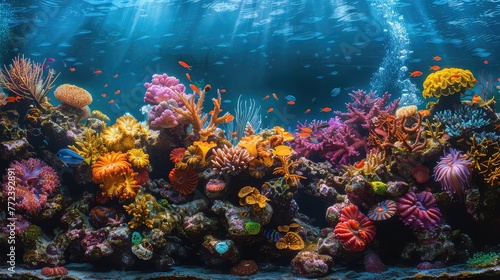 An underwater paradise, this rich and diverse coral reef bustles with vibrant tropical fish, under the dappled light of the ocean surface. © HappyFarmDesign