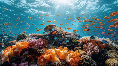 Under the dappled light of the ocean surface, this rich and diverse coral reef forms an underwater paradise bustling with vibrant tropical fish.