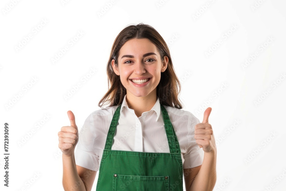 happy female waiter in green apron showing thumbs up over white background