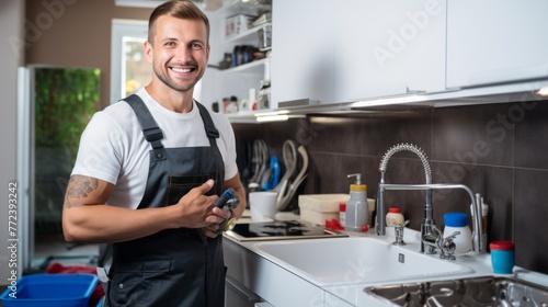 A man in a blue apron is smiling and holding a tablet in front of a sink