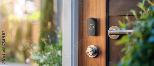 Installation of smart locks on a front door, enhancing home security, tools and door frame softly blurred photo