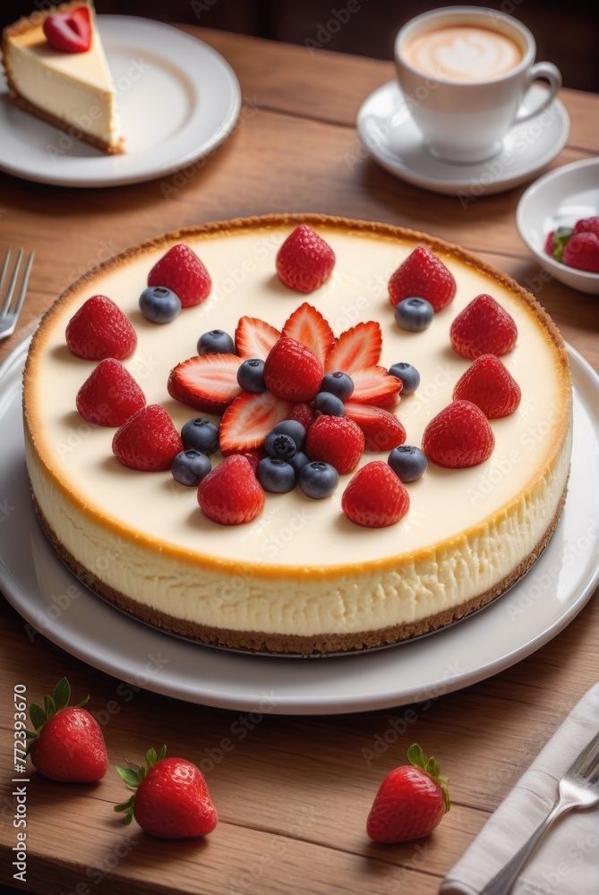 Classic cheesecake on wooden table