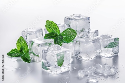 Ice cubes with green mint leaves isolated on white background