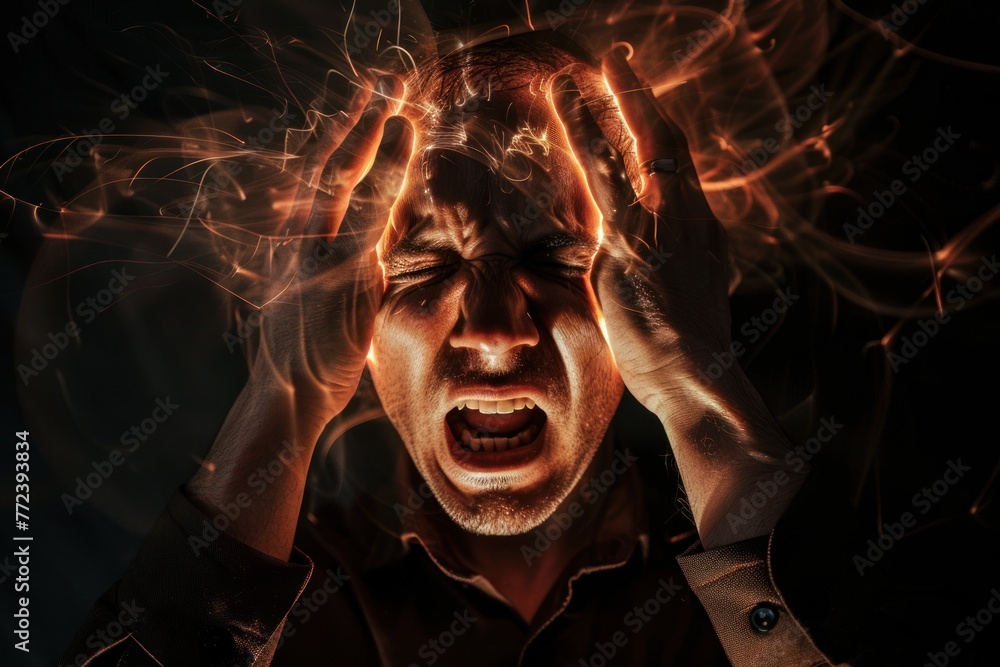 insane headache, visualization of a migraine, painful face on solid black background