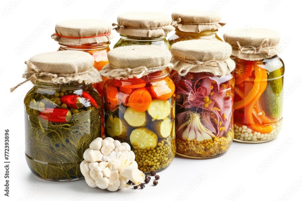 Jars with various canned vegetables isolated on white background Jars with various canned vegetables isolated on white background