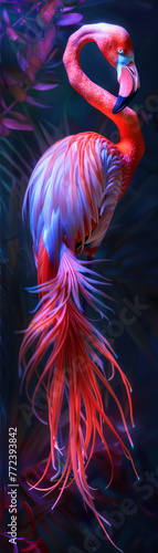 A flamingo with a long tail and pink feathers. The image has a vibrant and colorful mood photo