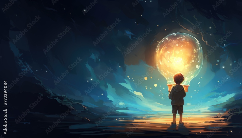 boy pulled the big bulb half buried in the ground against night sky with stars and space dust, digital art style, illustraation painting