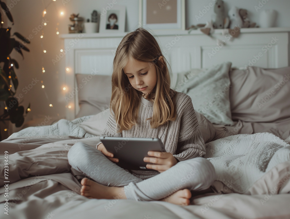 A cute girl child sitting on the bed watching something on a tablet A cute girl child sitting on the bed watching something on a tablet