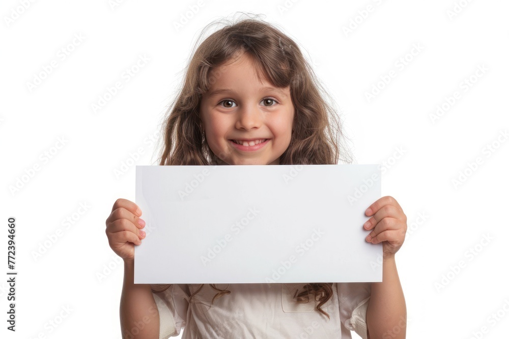 Little smiling girl holding a large white blank card with space for text, graphic or text isolated on white background Little smiling girl holding a large white blank card with space for text, graphic or text isolated on white background