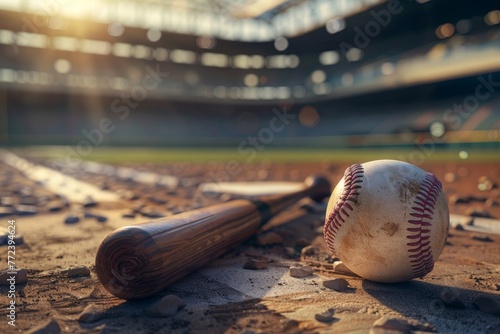 baseball ball and baseball hat and gloves with base and outfield in background. at the golden hour