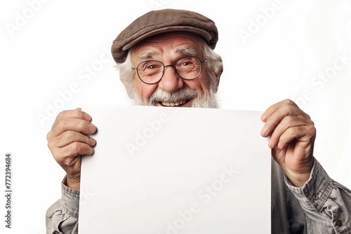 smiling old man holding a large white blank card with space for text, graphic or text isolated on white background