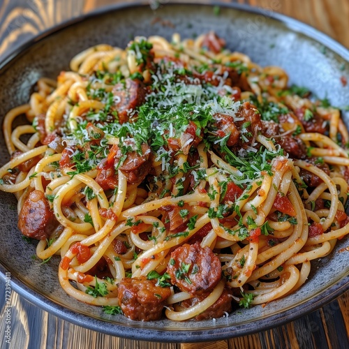 Spaghetti with meatballs, tomato sauce and parsley on a plate photo