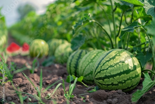 Mature big watermelons in the watermelon field