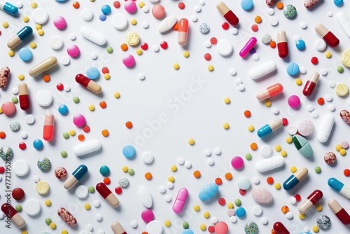 Medical white blank background with colorful pills and capsules