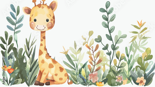 Watercolor cute baby giraffe and plants flat cartoon photo