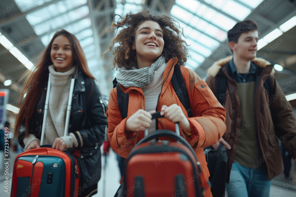 Naklejka premium A diverse group of happy young people, with luggage, who have just disembarked from their flight ready to enjoy their vacation. Travel, vacation and youth concept.