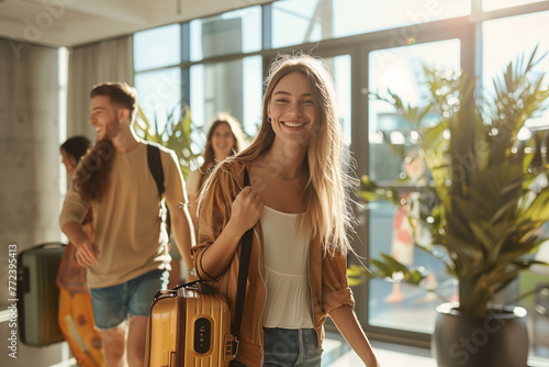 A diverse group of happy young people, with luggage, who have just disembarked from their flight ready to enjoy their vacation. Travel, vacation and youth concept.