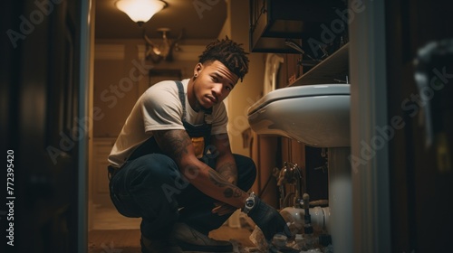 A man is kneeling down in front of a sink photo