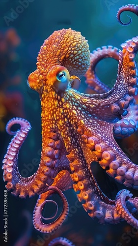 With its tentacles spread in a display of marine majesty, a captivating octopus with a kaleidoscope of colors floats elegantly in the deep blue sea.