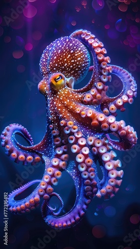 In the deep blue sea, a captivating octopus with a kaleidoscope of colors floats elegantly, its tentacles spread in a display of marine majesty.