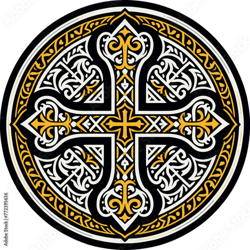 Vector illustration of an ornamental Christian cross, featuring a Celtic cross or Armenian Khachkar design within a circular frame, incorporating Christian motifs and Catholic ornamentation. 
