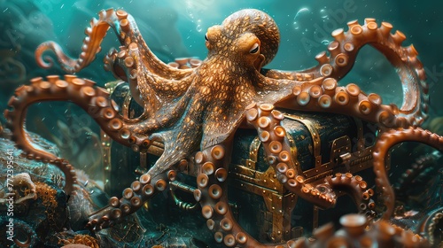 An old treasure chest amongst seaweed on the sea floor is explored by a curious octopus, its tentacles gripping the edges in a display of underwater discovery. © HappyFarmDesign