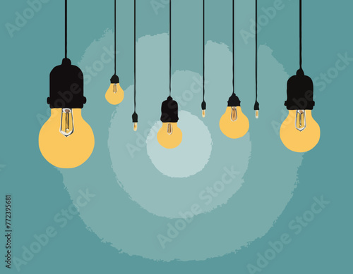 Hanging lamps banner. Home ceiling lamp with bulbs. Electric modern interior decor design, lights decorative vintage chandeliers retro racy vector background