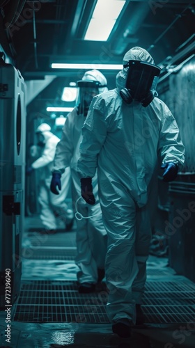 Scifi biohazard team in action, protecting employee health, 8k hyperrealistic, moody lighting © Pungu x