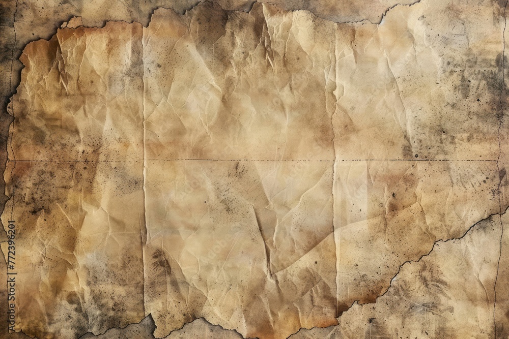 Fototapeta premium Old rough antique parchment paper texture background with distressed vintage stains, worn torn edges