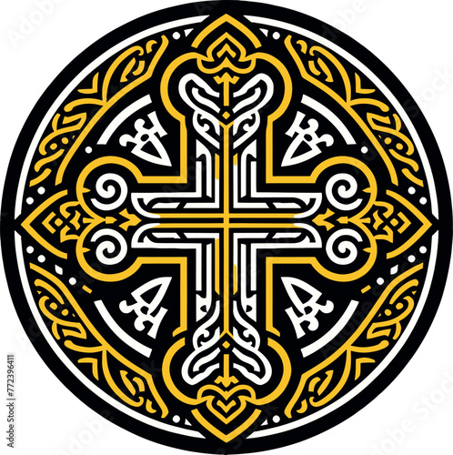 Vector illustration of an ornamental Christian cross, featuring a Celtic cross or Armenian Khachkar design within a circular frame, incorporating Christian motifs and Catholic ornamentation. 