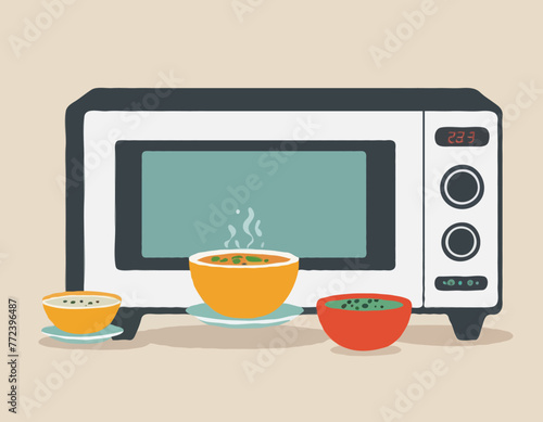 A microwave oven with tumblers and buttons, a kitchenware appliance with a bowl of soup warming inside
