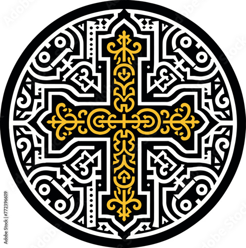 Vector illustration of an ornamental Christian cross, featuring a Celtic cross or Armenian Khachkar design within a circular frame, incorporating Christian motifs and Catholic ornamentation. 