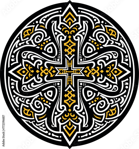 Vector illustration of an ornamental Christian cross, featuring a Celtic cross or Armenian Khachkar design within a circular frame, incorporating Christian motifs and Catholic ornamentation. 