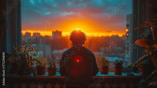 Sunset is seen through the windowsill of a young man
