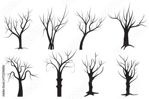 Set of Naked tree vector. Bare tree vector, icon, symbol design. Set of dead tree silhouettes, vector. Halloween tree vector design. Tree without leaves