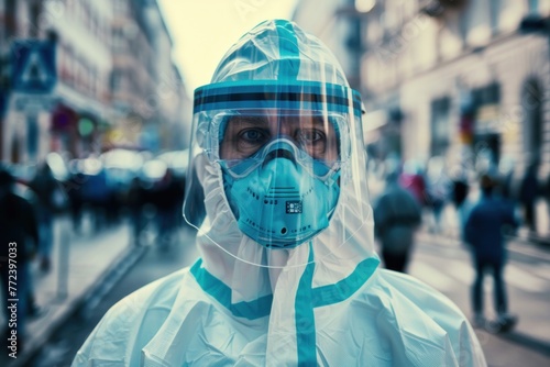 medical worker or doctor wearing a protective suit or suit to protect on street city with panic running people photo
