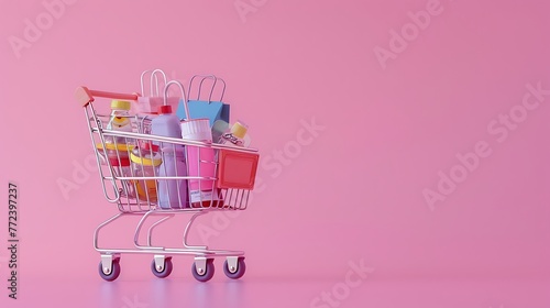 A shopping cart filled with items on a plain pink white background
