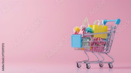 A shopping cart filled with items on a plain pink white background
