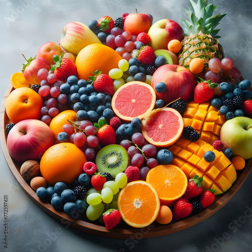 Photo real for Highlighting the vibrant colors of a fresh fruit platter Close-up shots showcasing the vibrant hues of assorted fruits on a platter in eater theme  Full depth of field  clean bright ton